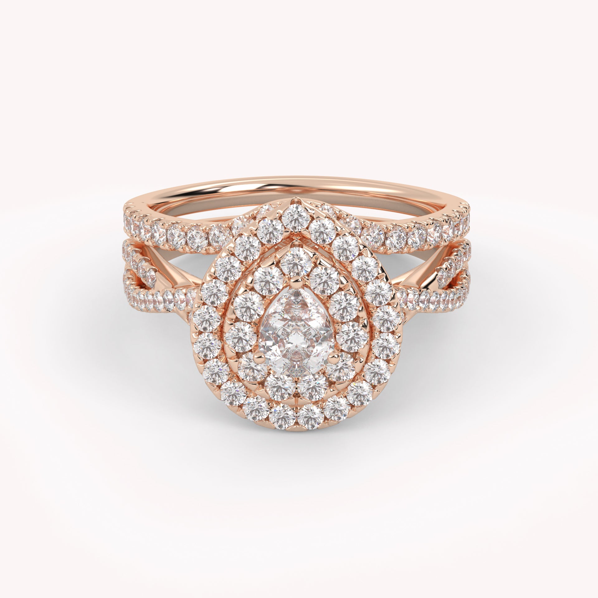 IGI Certified Pear Cut Split Shank Infinity Twisted Double Halo Bridal Set Ring