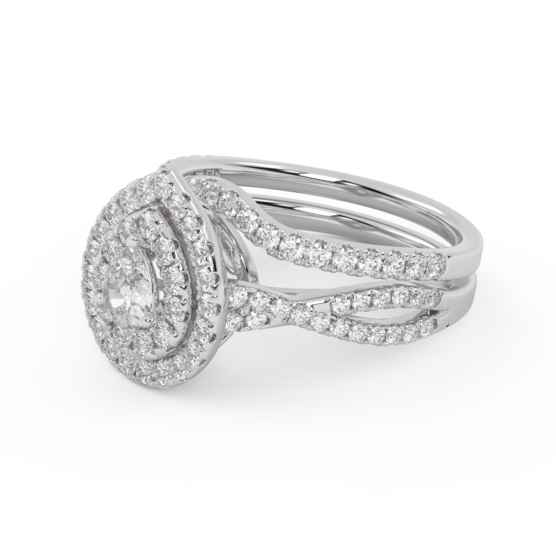 IGI Certified Pear Cut Split Shank Infinity Twisted Double Halo Bridal Set Ring