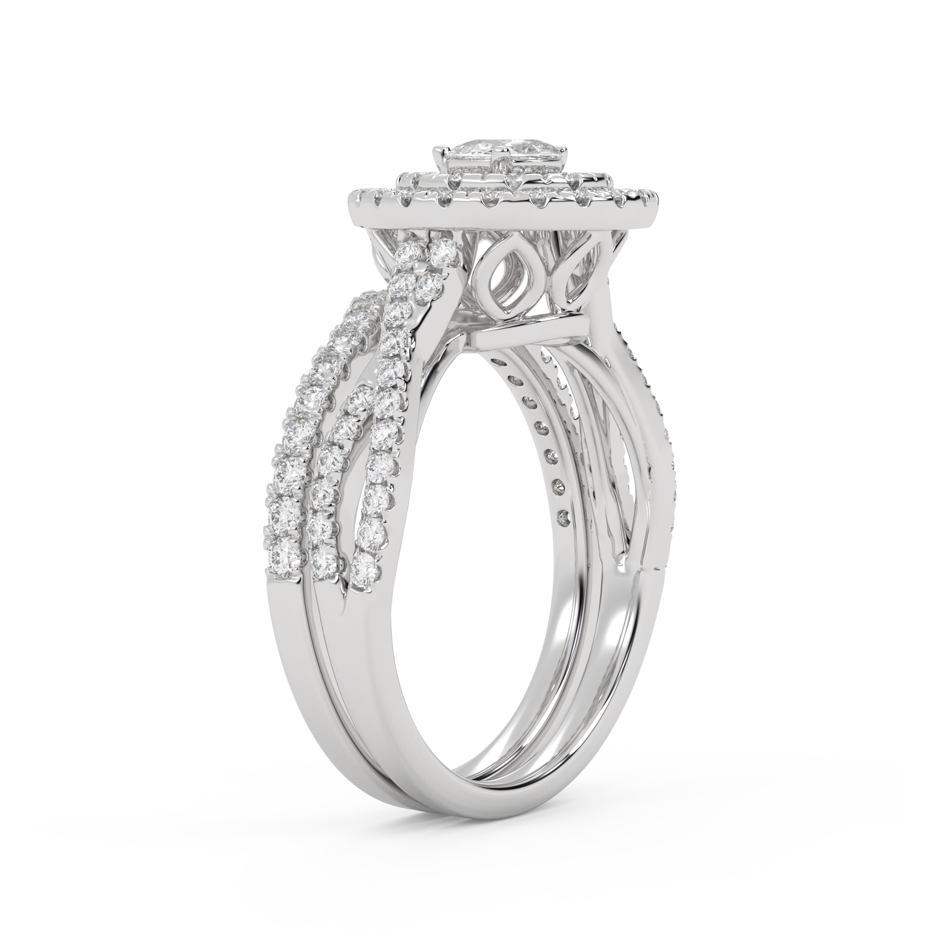 IGI Certified Pear Cut Split Shank Infinity Twisted Double Halo Bridal Set Ring