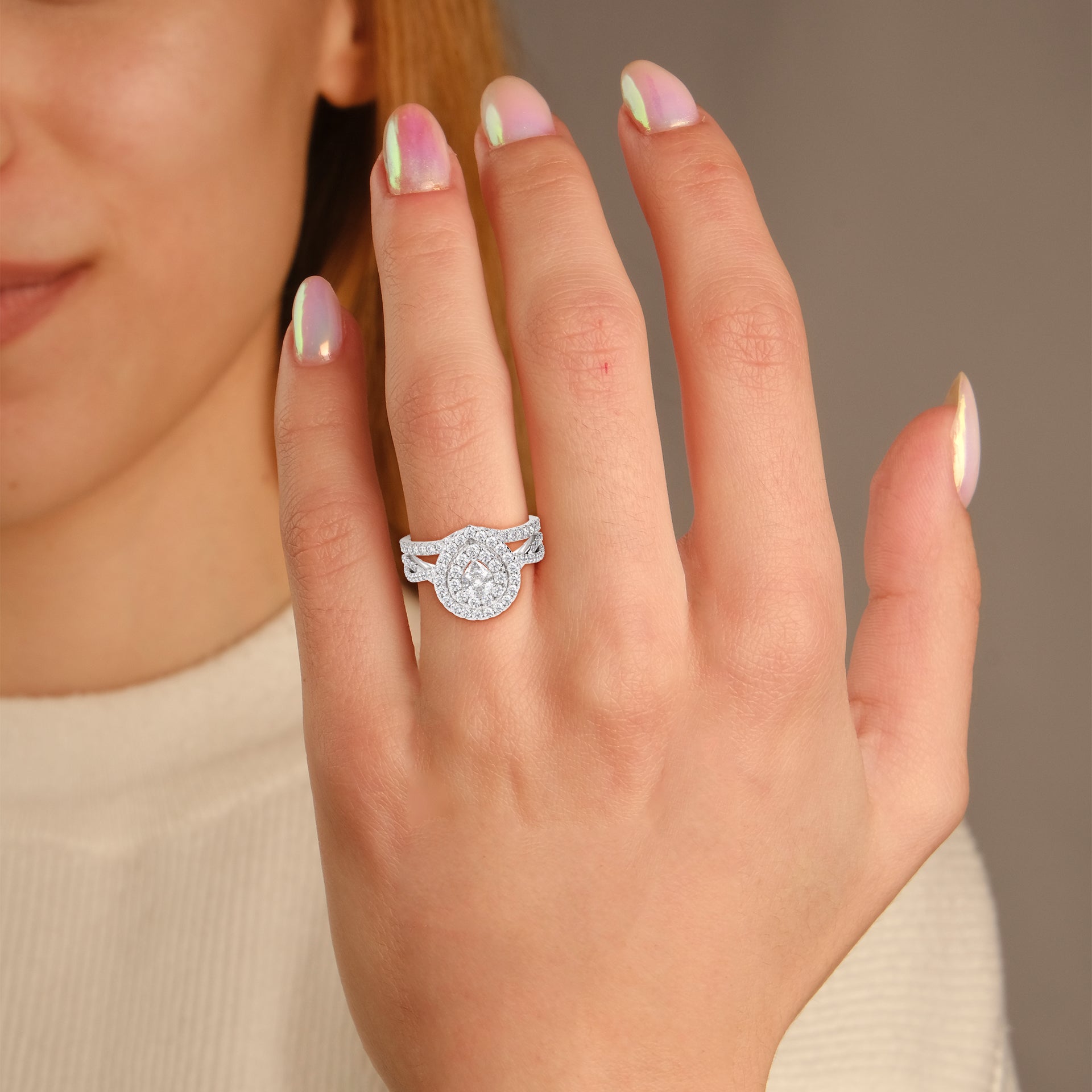 IGI Certified Pear Cut Split Shank Infinity Twisted Double Halo Bridal Set Ring