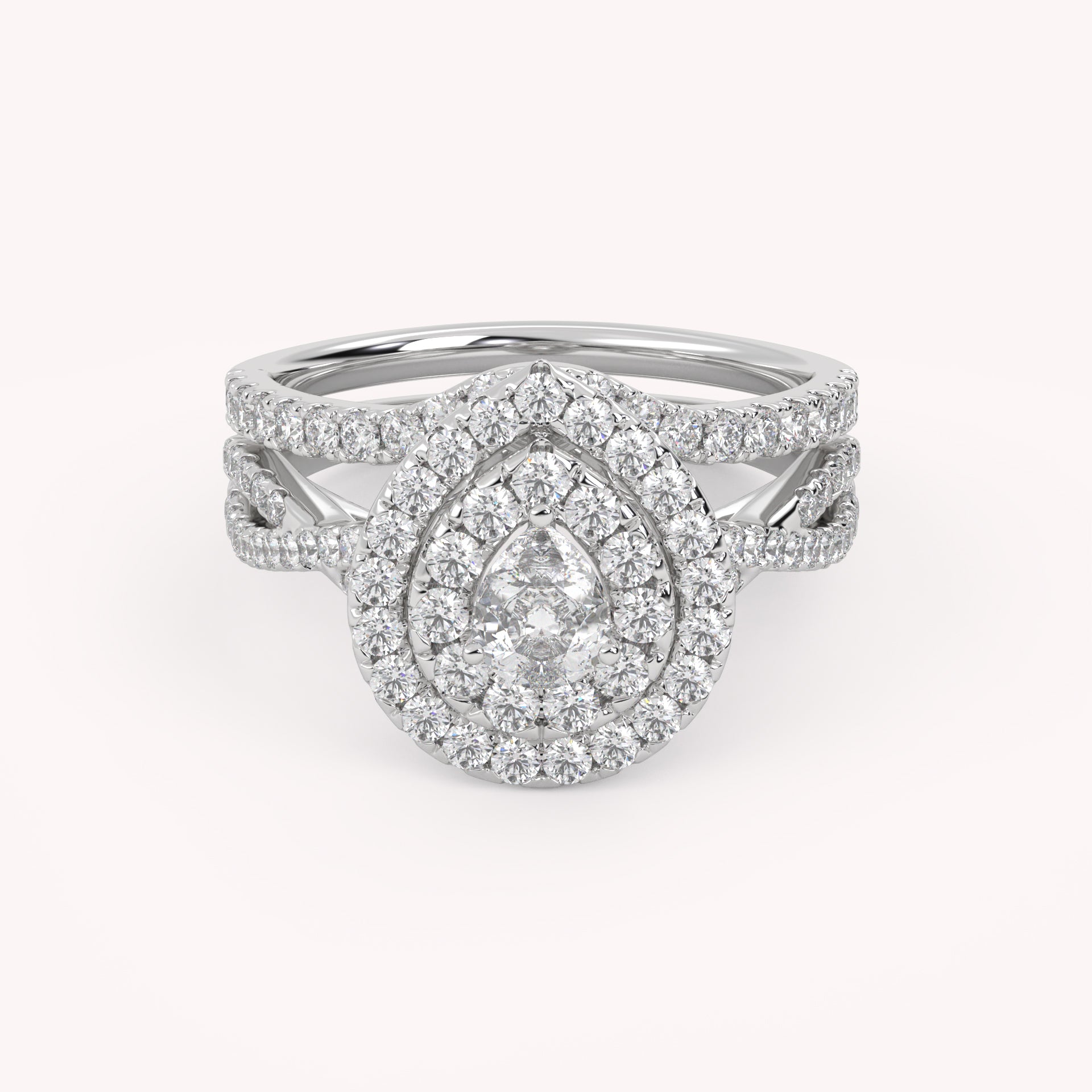IGI Certified Pear Cut Split Shank Infinity Twisted Double Halo Bridal Set Ring