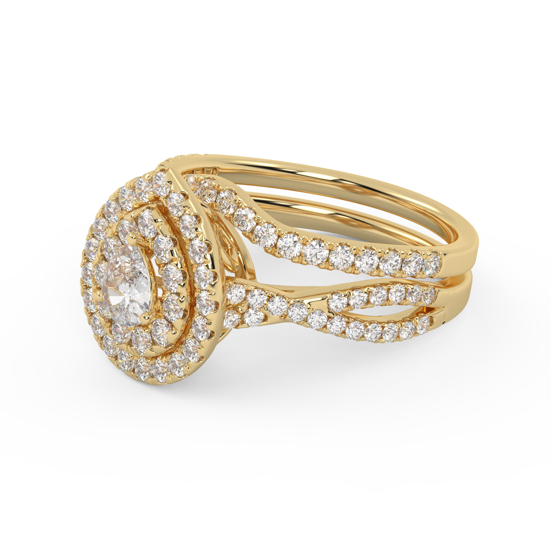 IGI Certified Pear Cut Split Shank Infinity Twisted Double Halo Bridal Set Ring