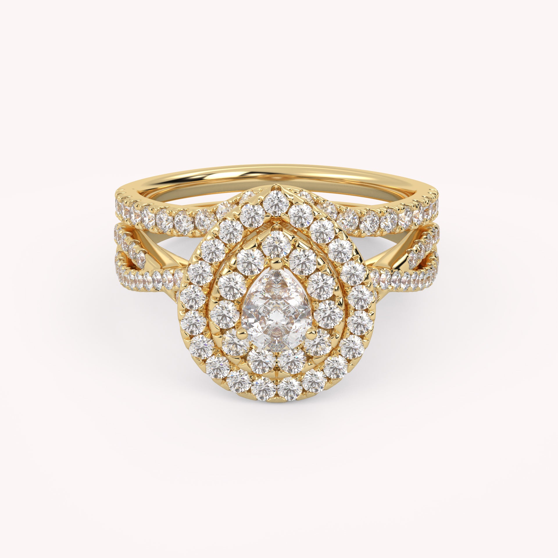 IGI Certified Pear Cut Split Shank Infinity Twisted Double Halo Bridal Set Ring