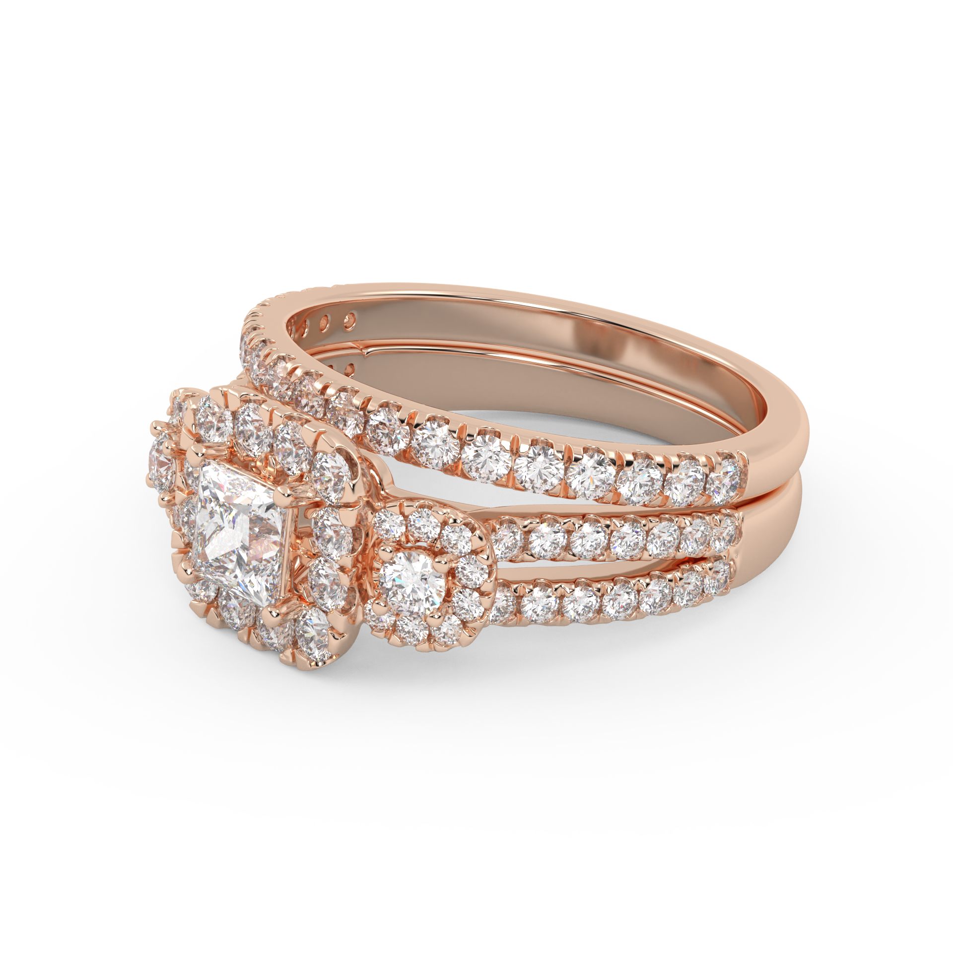 IGI Certified Princess Cut 3 Stone Halo Solitaire Bridal Set Ring