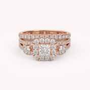 IGI Certified Princess Cut 3 Stone Halo Solitaire Bridal Set Ring