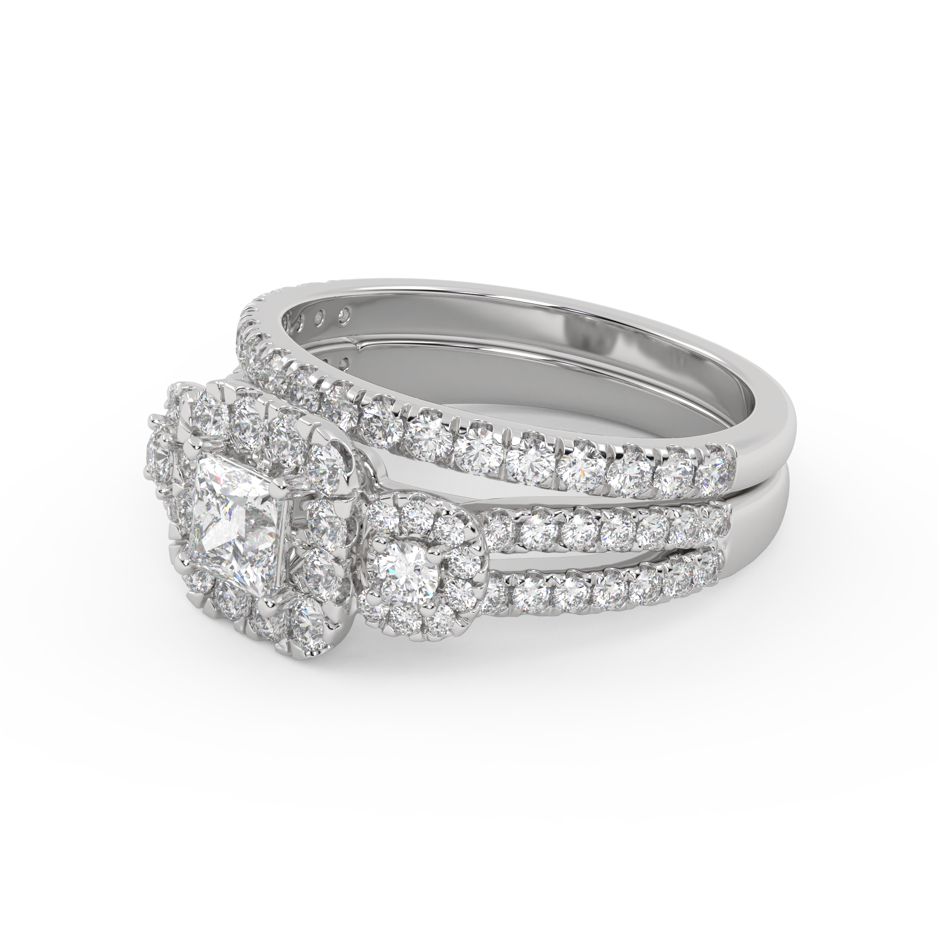 IGI Certified Princess Cut 3 Stone Halo Solitaire Bridal Set Ring