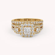 IGI Certified Princess Cut 3 Stone Halo Solitaire Bridal Set Ring