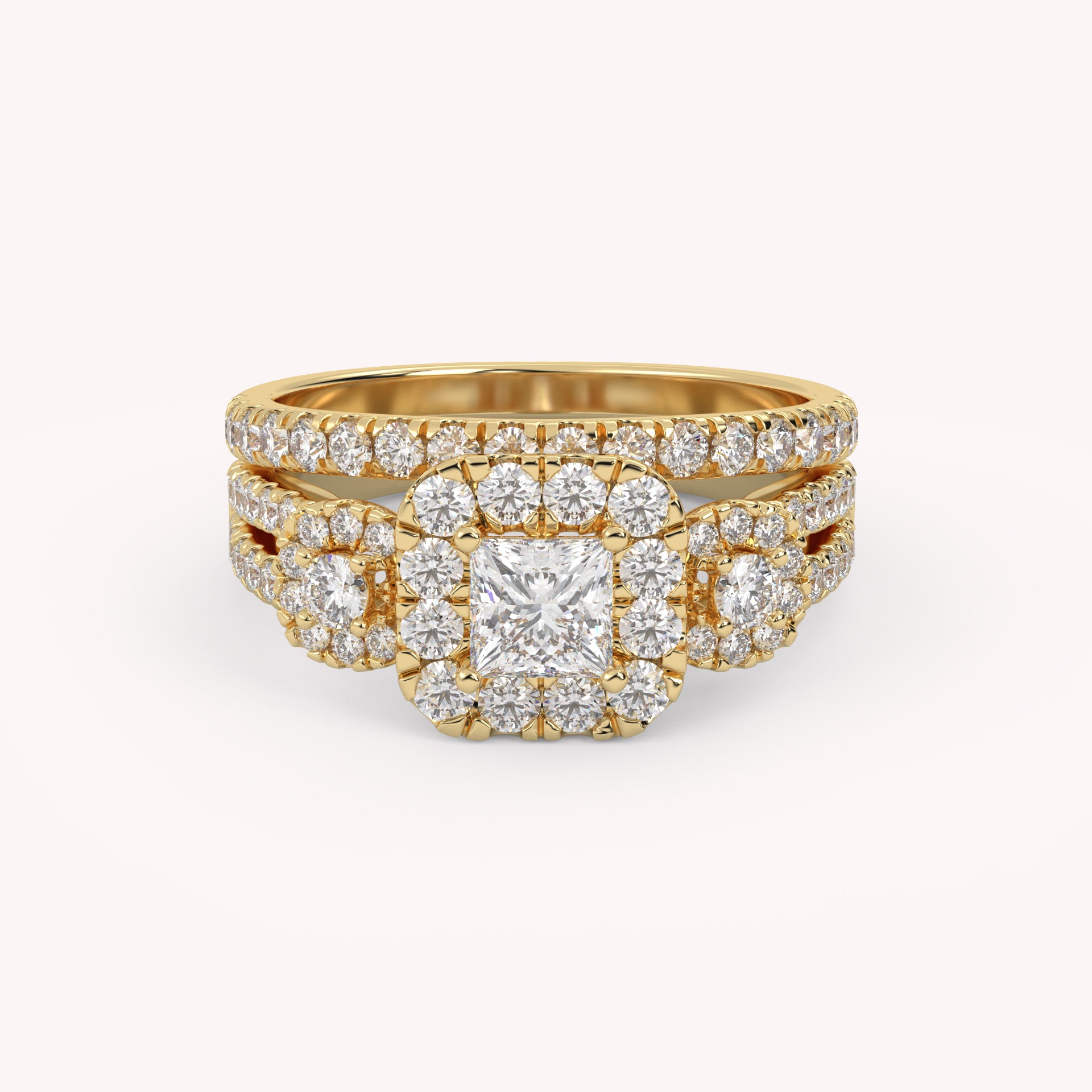 IGI Certified Princess Cut 3 Stone Halo Solitaire Bridal Set Ring