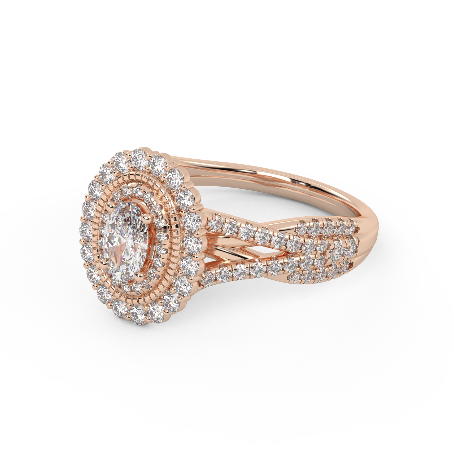 IGI Certified 1.00 Carat Oval & Round Twisted Shank Double Halo Ring
