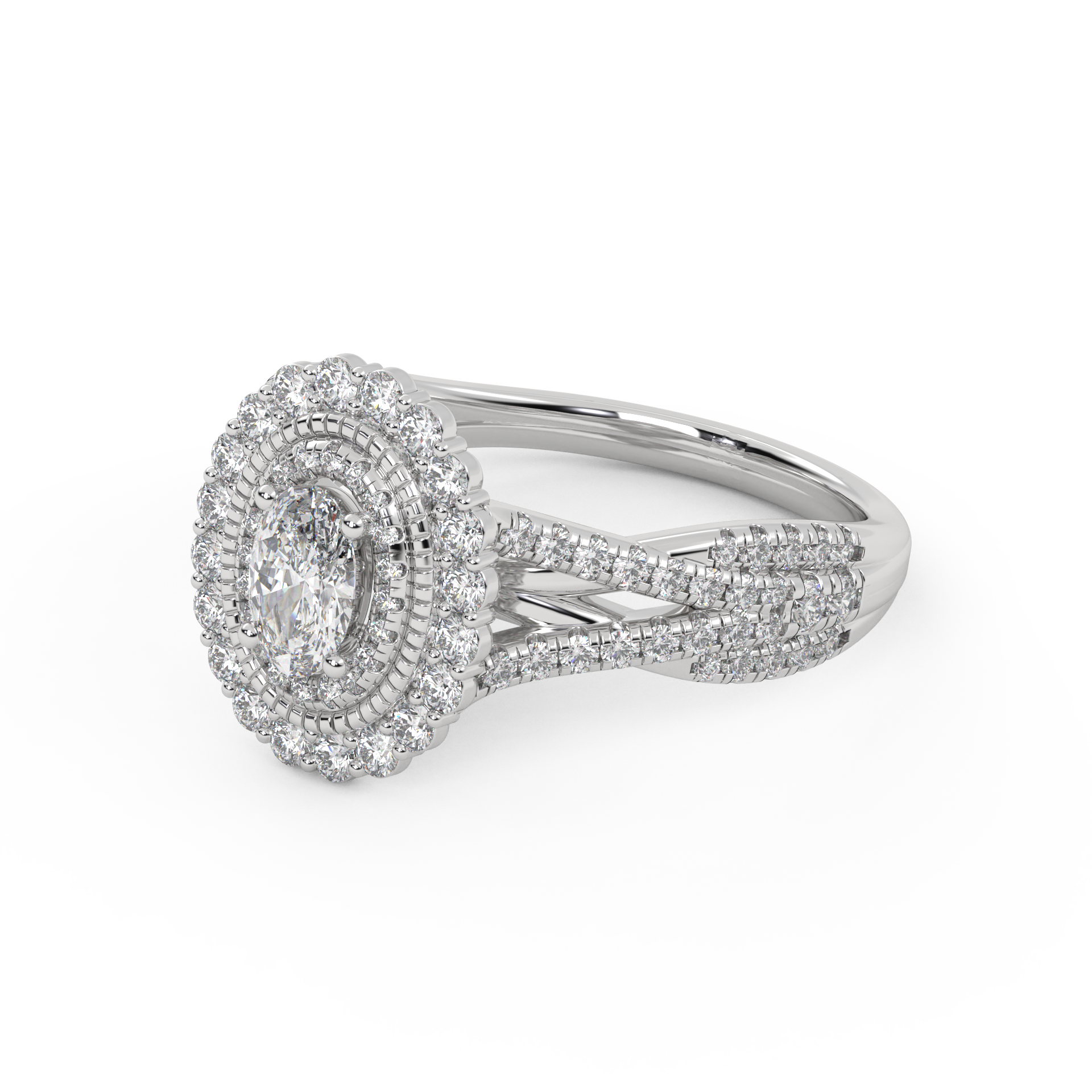 IGI Certified 1.00 Carat Oval & Round Twisted Shank Double Halo Ring