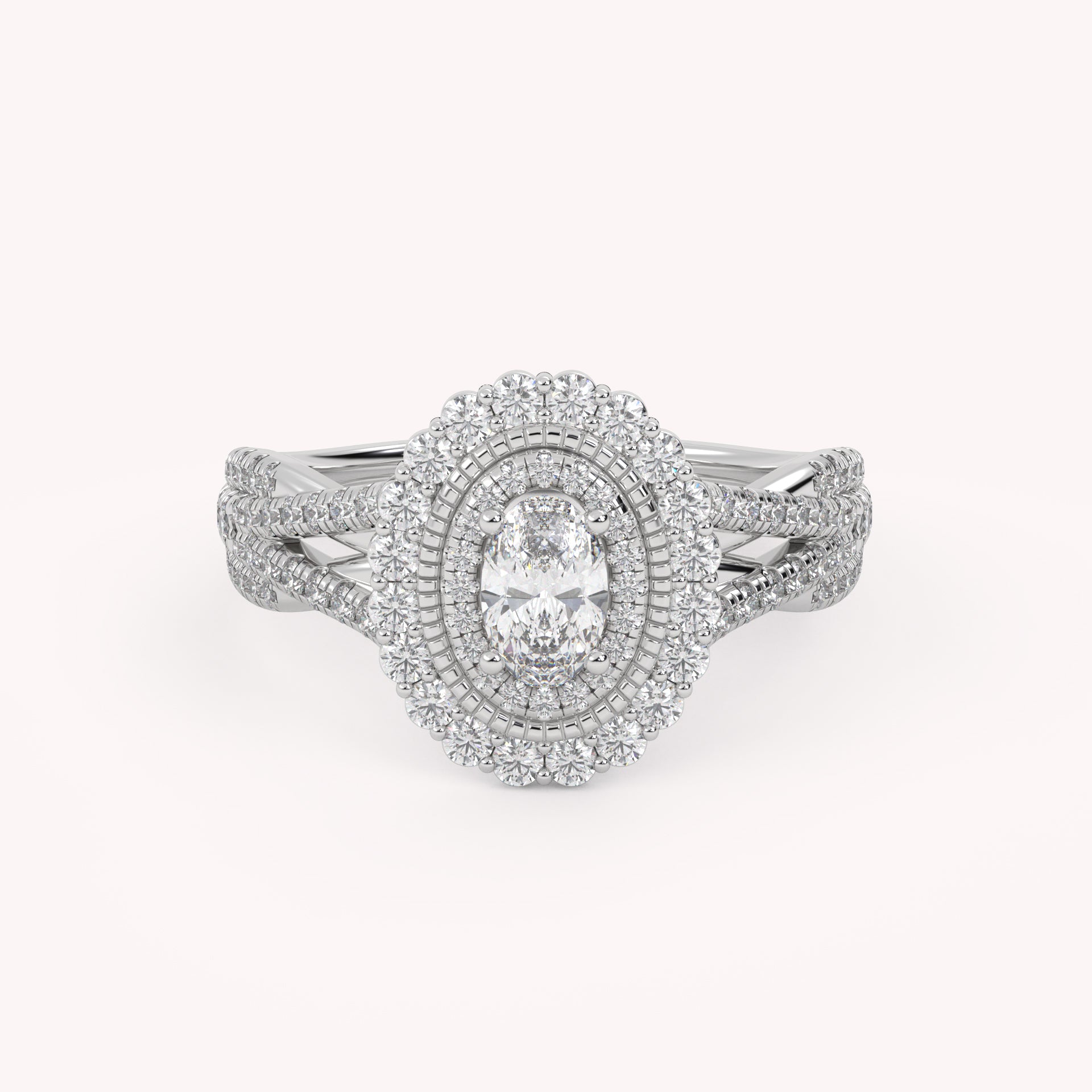 IGI Certified 1.00 Carat Oval & Round Twisted Shank Double Halo Ring