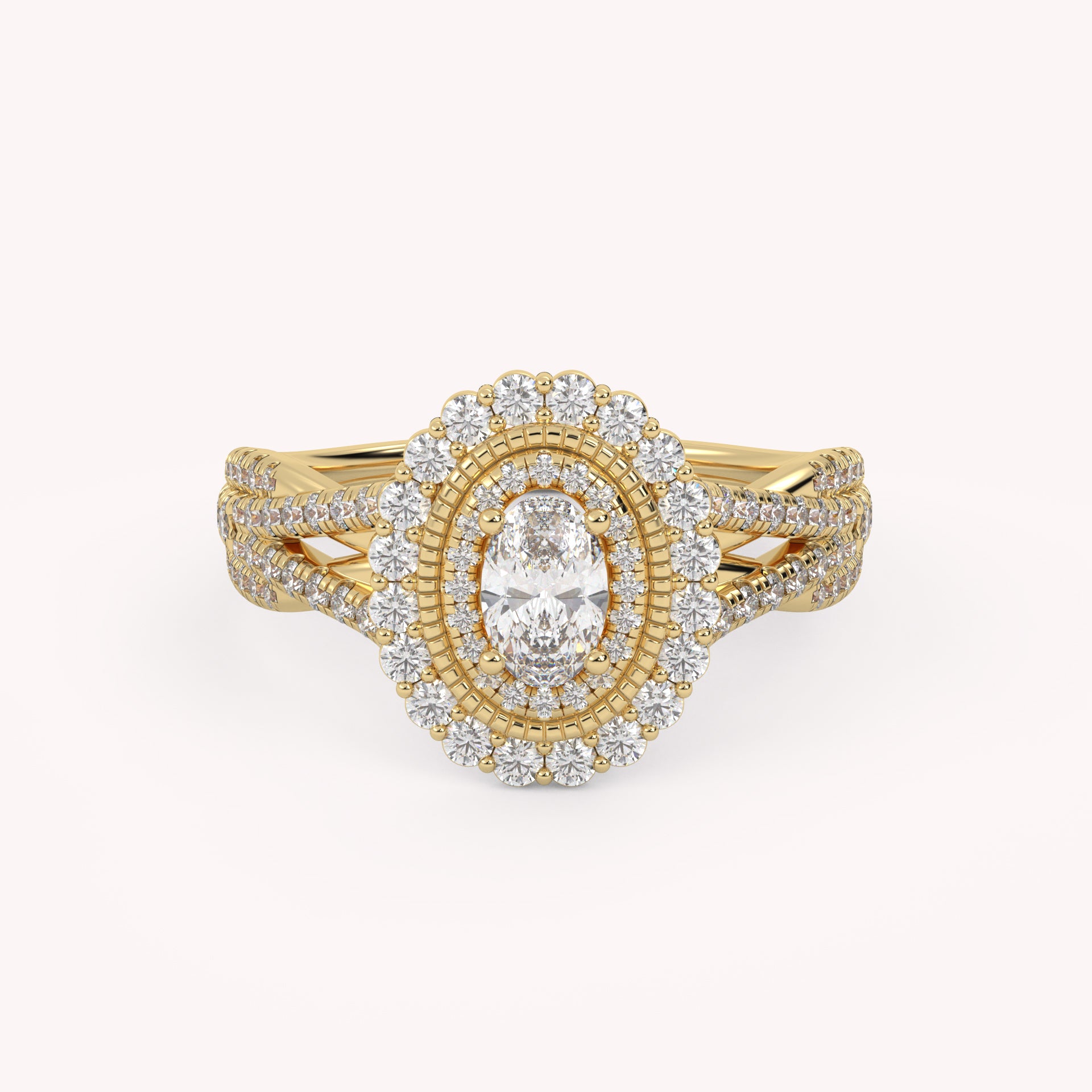 IGI Certified 1.00 Carat Oval & Round Twisted Shank Double Halo Ring