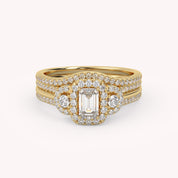 IGI Certified Three Stone Halo Bridal Set Ring