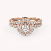 IGI Certified Round Cut 1.00 Carat Lab Grown Diamond Double Halo Solitaire Bridal Set Ring