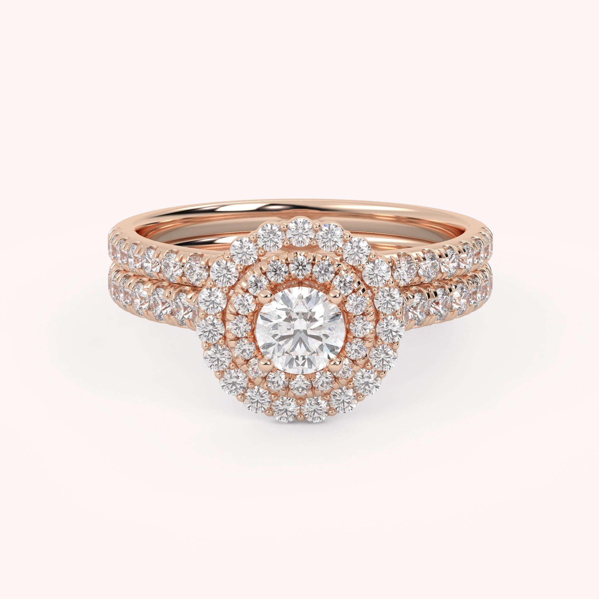IGI Certified Round Cut 1.00 Carat Lab Grown Diamond Double Halo Solitaire Bridal Set Ring