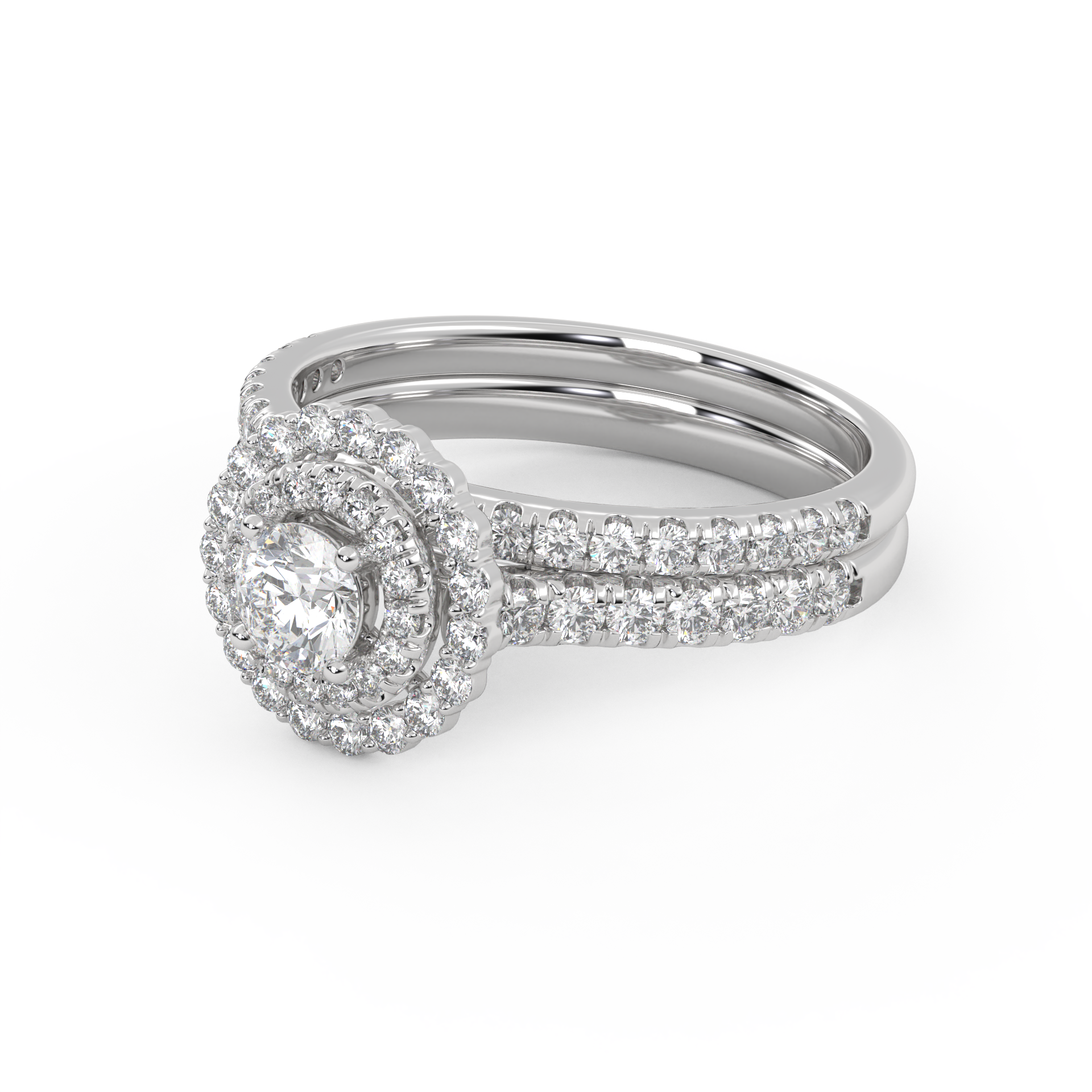 IGI Certified Round Cut 1.00 Carat Lab Grown Diamond Double Halo Solitaire Bridal Set Ring