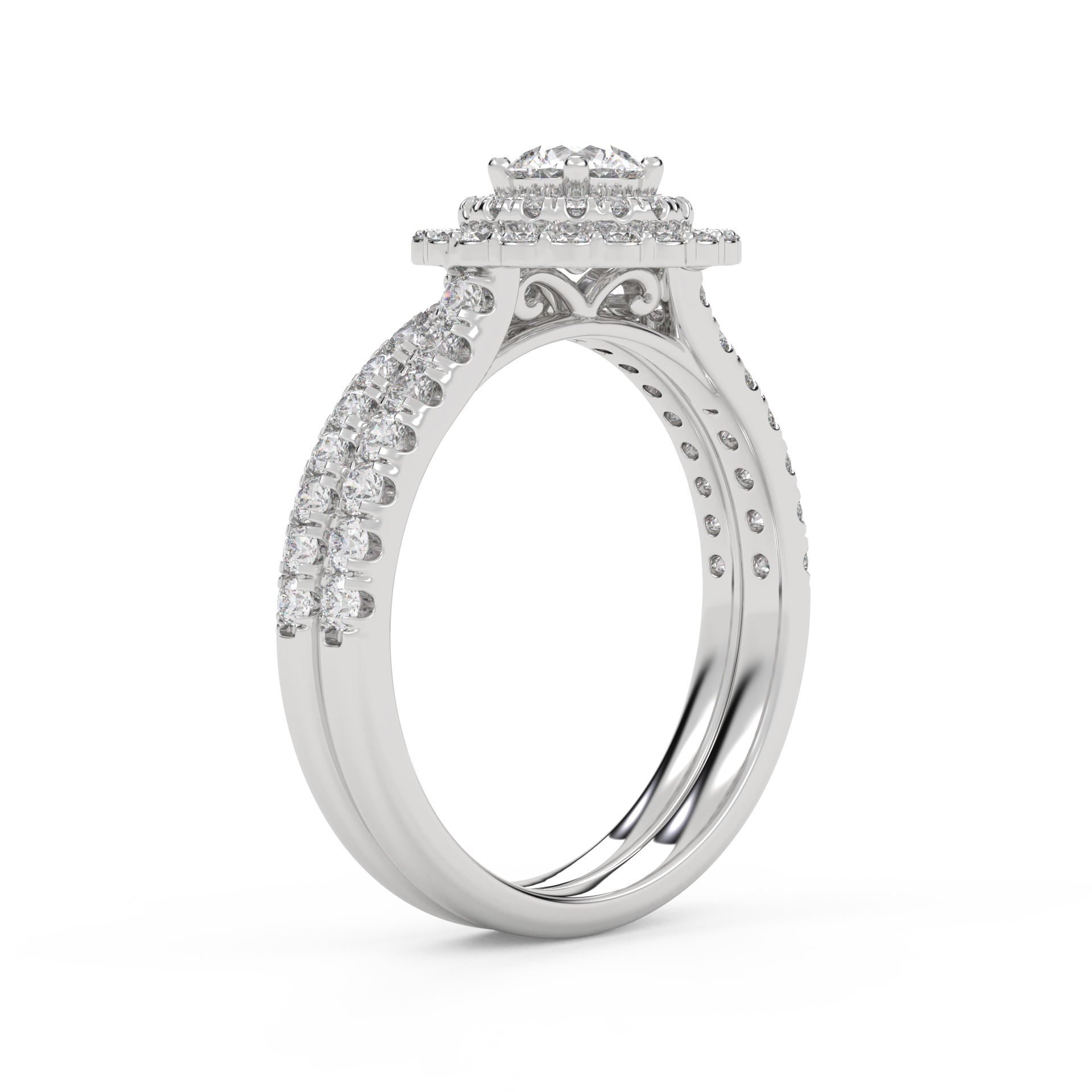 IGI Certified Round Cut 1.00 Carat Lab Grown Diamond Double Halo Solitaire Bridal Set Ring