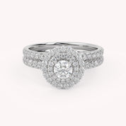 IGI Certified Round Cut 1.00 Carat Lab Grown Diamond Double Halo Solitaire Bridal Set Ring
