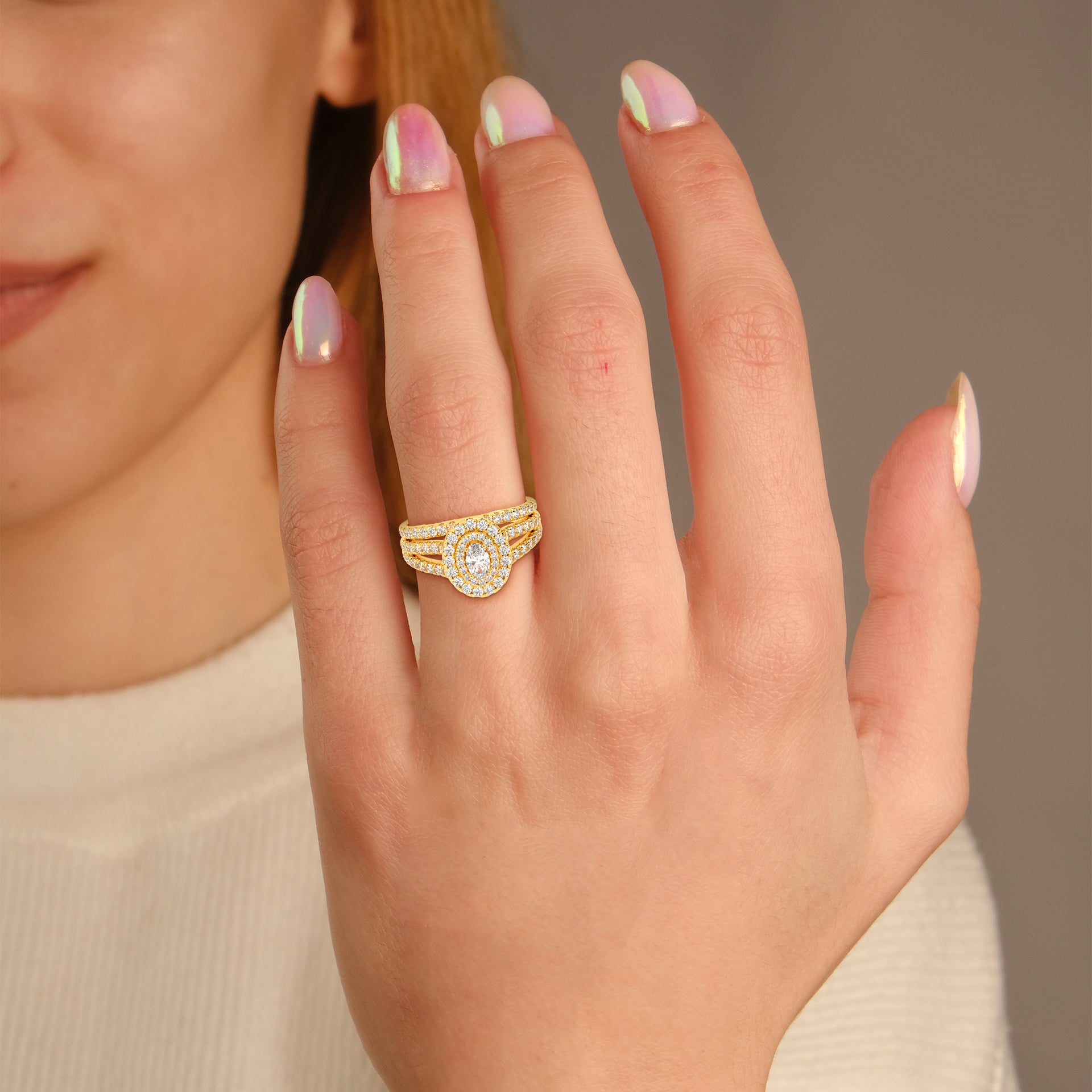 IGI Certified Split Shank Double Halo Bridal Set Ring for Women