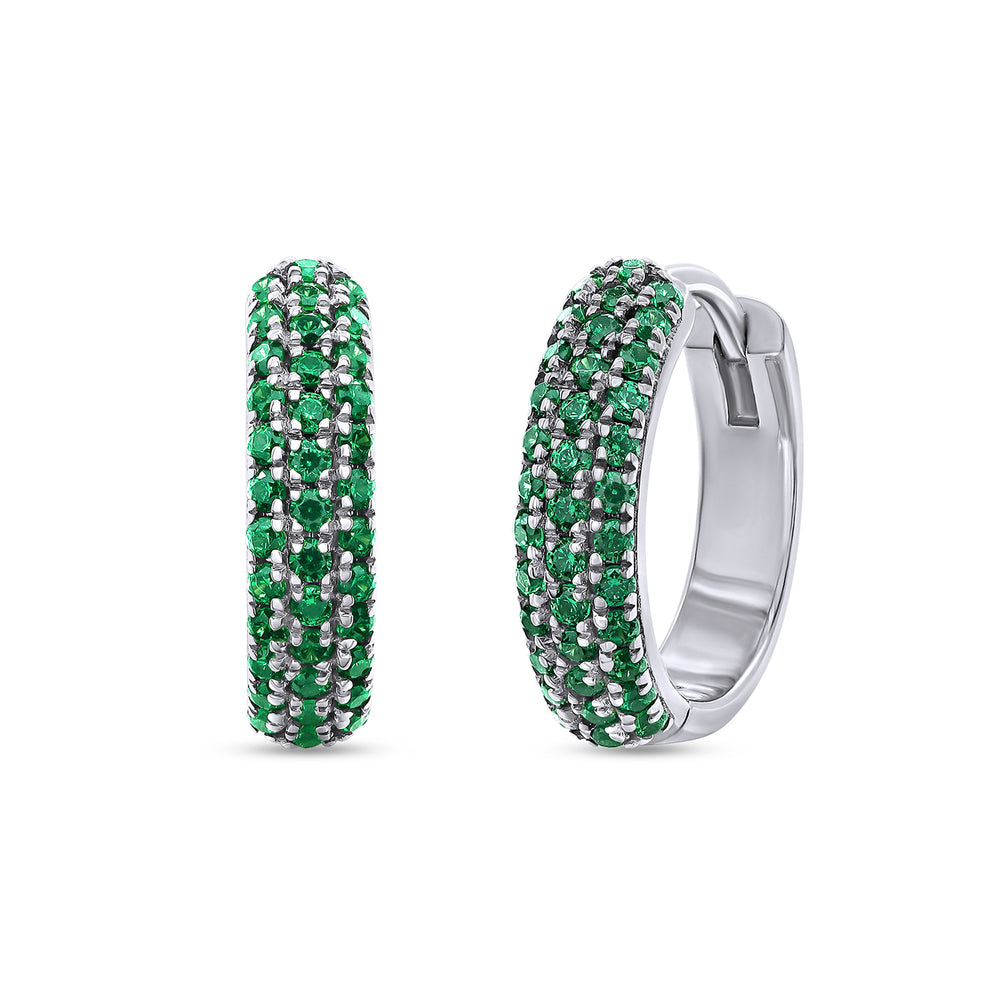 Round Cut Simulated Green Emerald Triple Row Huggies Hoop Earrings For Women In 10K Or 14K Solid Gold And 925 Sterling Silver