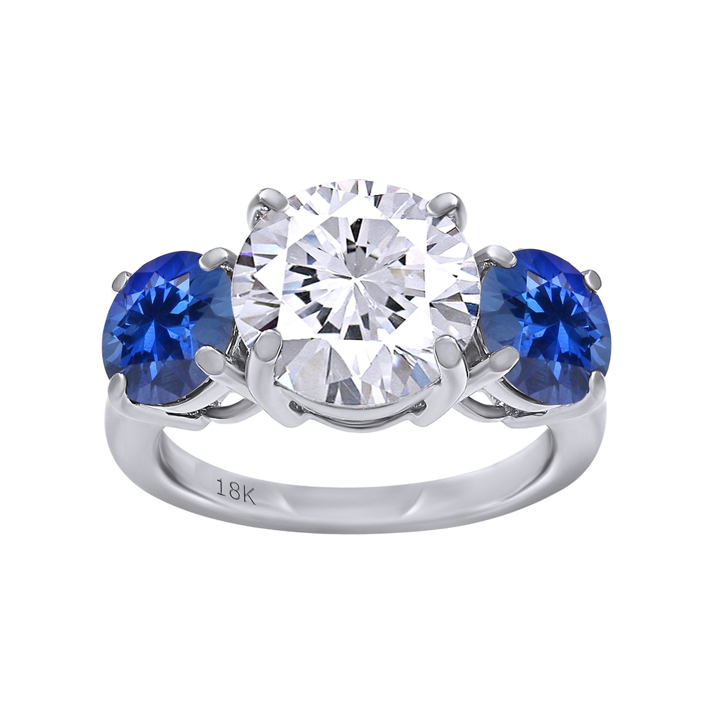 Round Shape White & Blue IGI Certified Lab Grown Diamond 3-Stone Engagement Ring For Women In 10K, 14K Or 18K Solid Gold Jewelry (4.40 Cttw)