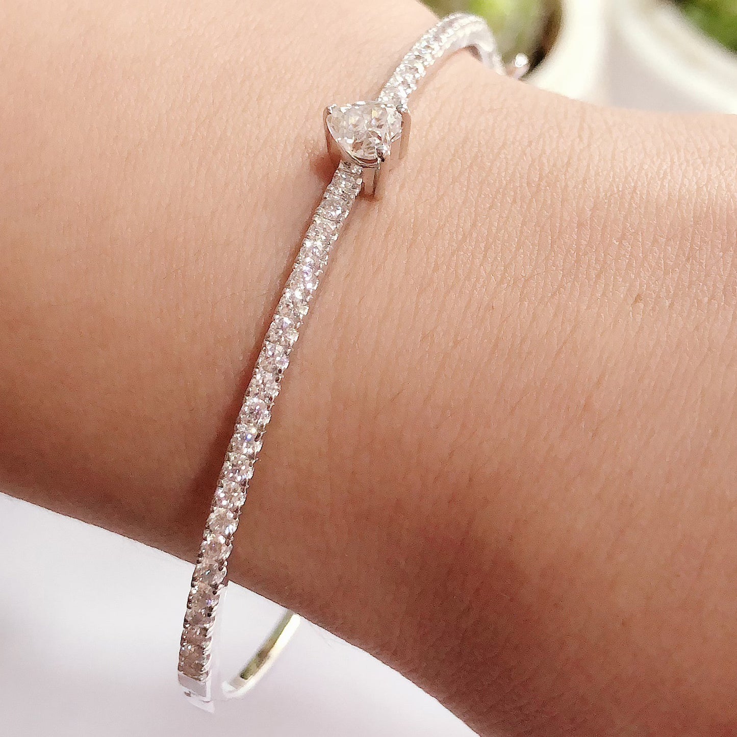 Heart & Round Cut Lab Created Moissanite Diamond Tennis Bangle Bracelet For Women In 925 Sterling Silver