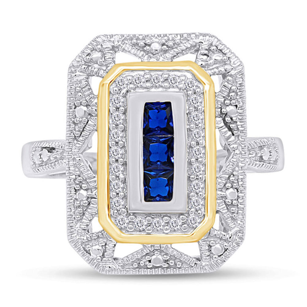 
                      
                        0.30 Carat Princess Cut Simulated Blue Sapphire & Lab Created Moissanite Diamond Two Tone Ring In 925 Sterling Silver
                      
                    