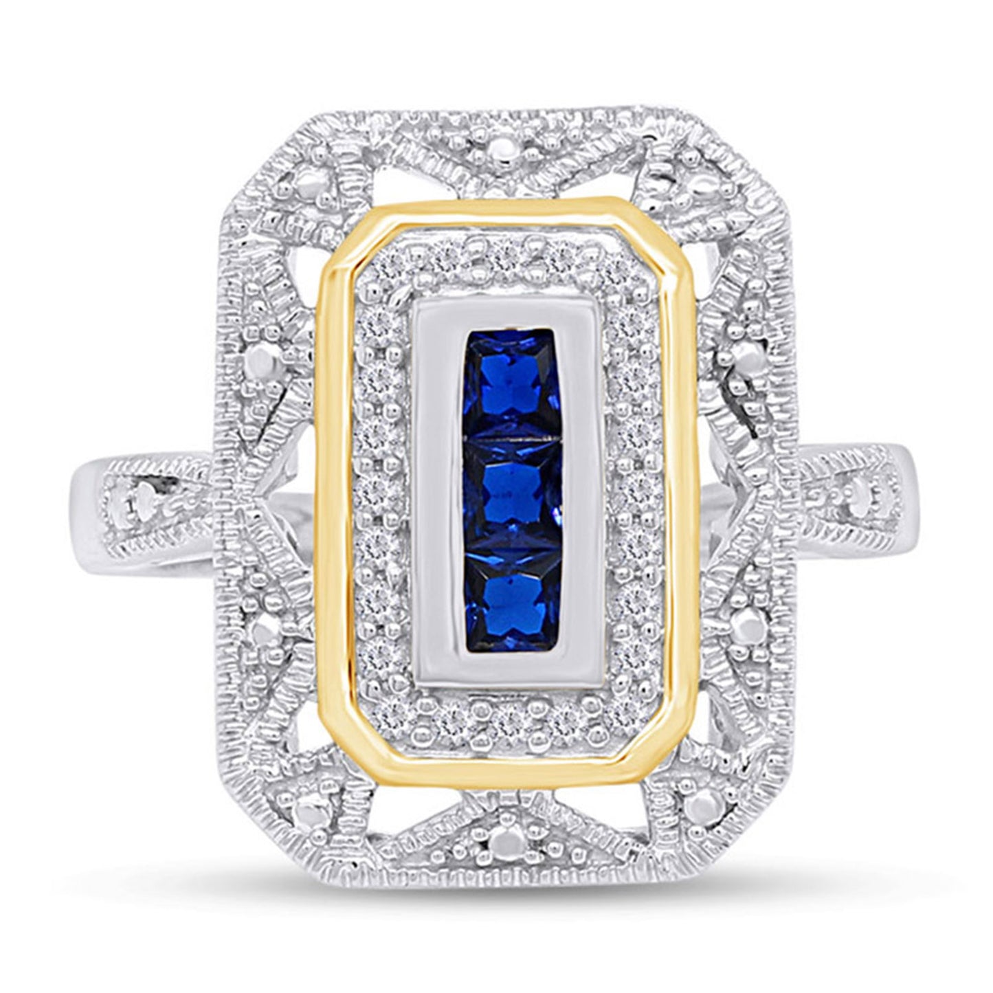 0.30 Carat Princess Cut Simulated Blue Sapphire & Lab Created Moissanite Diamond Two Tone Ring In 925 Sterling Silver