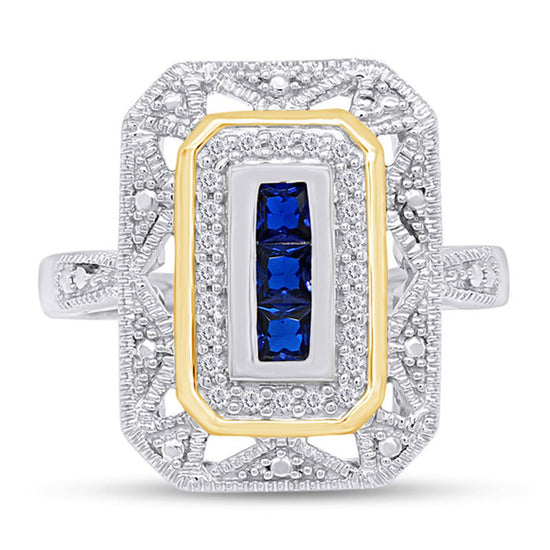 0.30 Carat Princess Cut Simulated Blue Sapphire & Lab Created Moissanite Diamond Two Tone Ring In 925 Sterling Silver