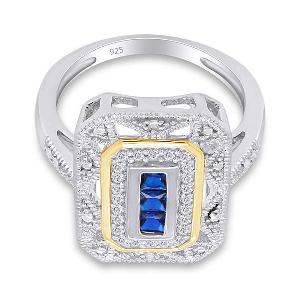 
                      
                        0.30 Carat Princess Cut Simulated Blue Sapphire & Lab Created Moissanite Diamond Two Tone Ring In 925 Sterling Silver
                      
                    