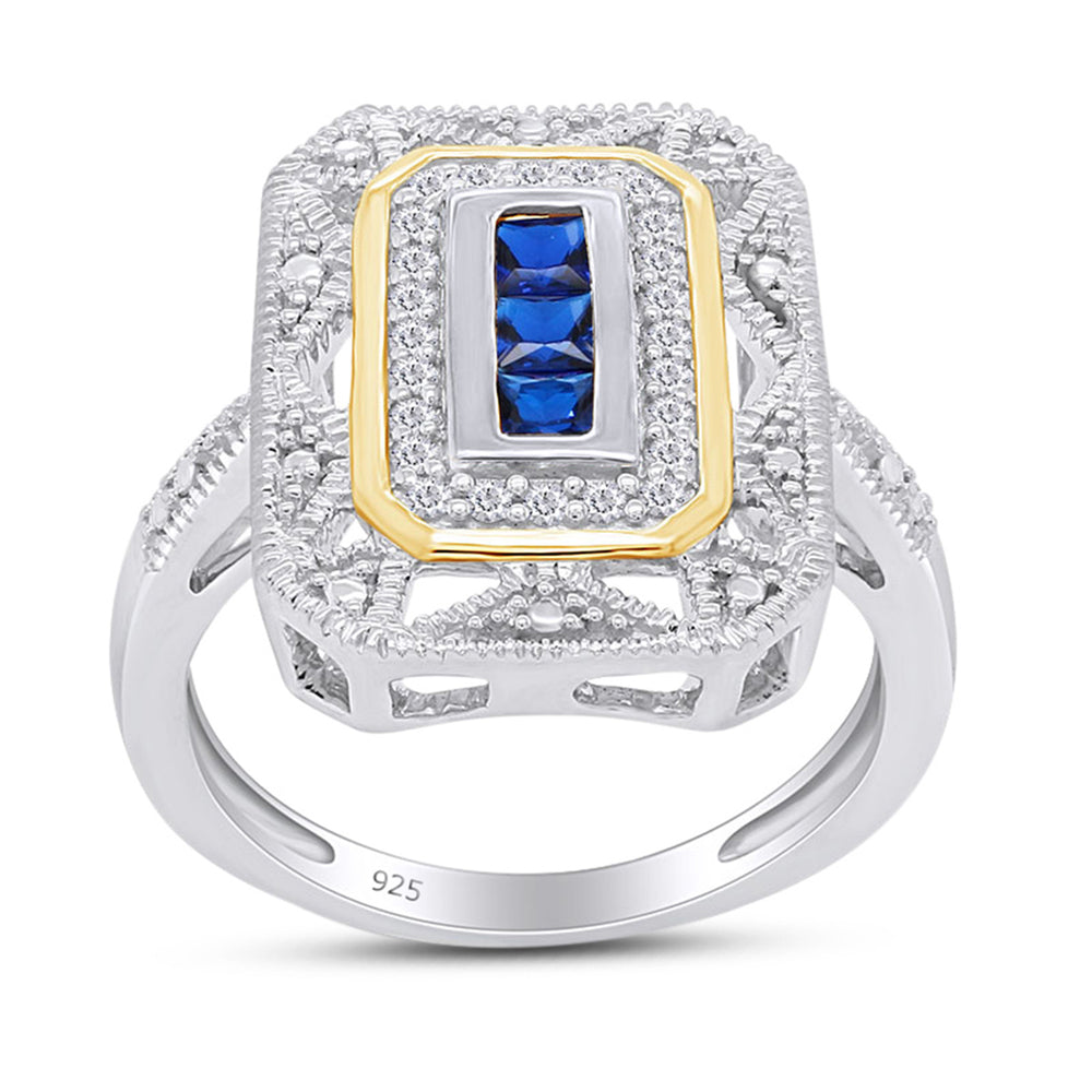 
                      
                        0.30 Carat Princess Cut Simulated Blue Sapphire & Lab Created Moissanite Diamond Two Tone Ring In 925 Sterling Silver
                      
                    