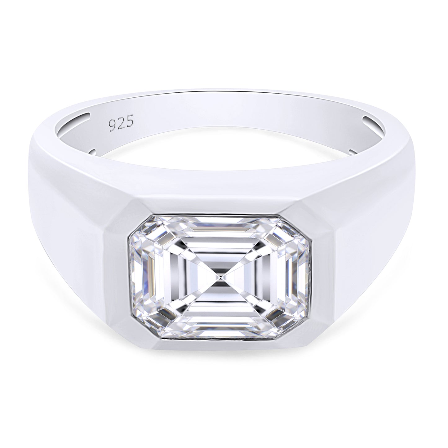 2 1/4 Carat 9X7MM Emerald Cut Lab Created Moissanite Diamond Bezel Set Signet Engagement Ring For Men In 925 Sterling Silver