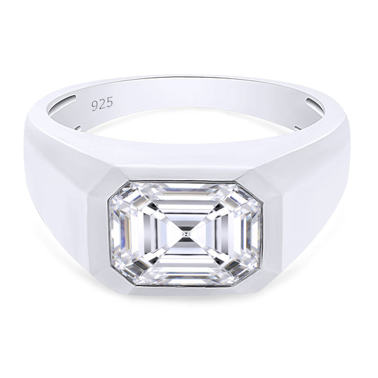 Load image into Gallery viewer, 2 1/4 Carat 9X7MM Emerald Cut Lab Created Moissanite Diamond Bezel Set Signet Engagement Ring For Men In 925 Sterling Silver
