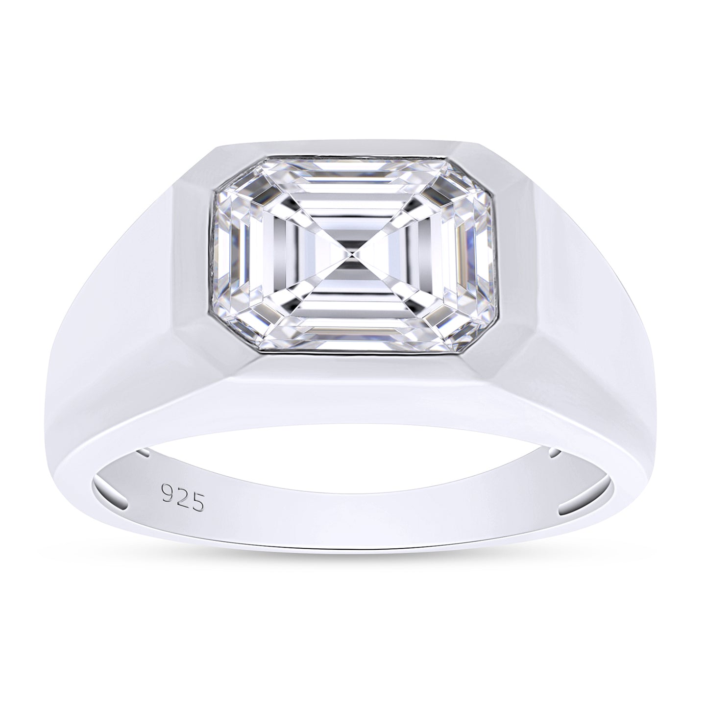 2 1/4 Carat 9X7MM Emerald Cut Lab Created Moissanite Diamond Bezel Set Signet Engagement Ring For Men In 925 Sterling Silver