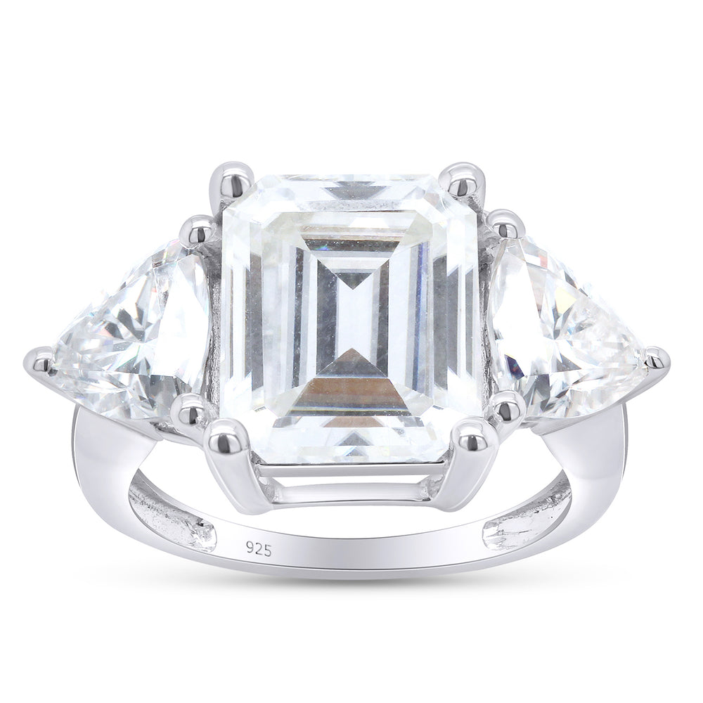 
                      
                        6.90 Carat Emerald & Trillion Cut Lab Created Moissanite Diamond 3-Stone Engagement Ring In 925 Sterling Silver
                      
                    