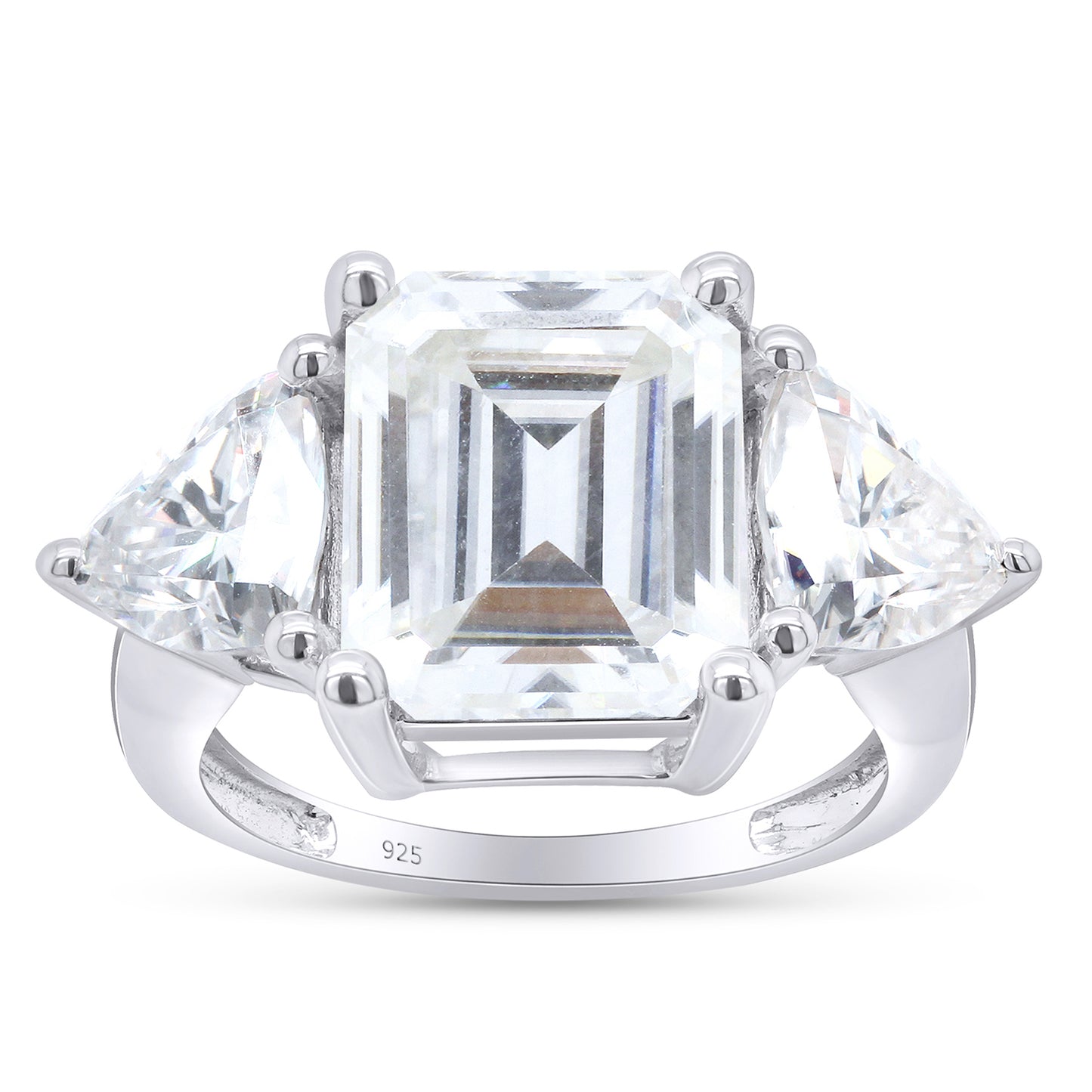 6.90 Carat Emerald & Trillion Cut Lab Created Moissanite Diamond 3-Stone Engagement Ring In 925 Sterling Silver