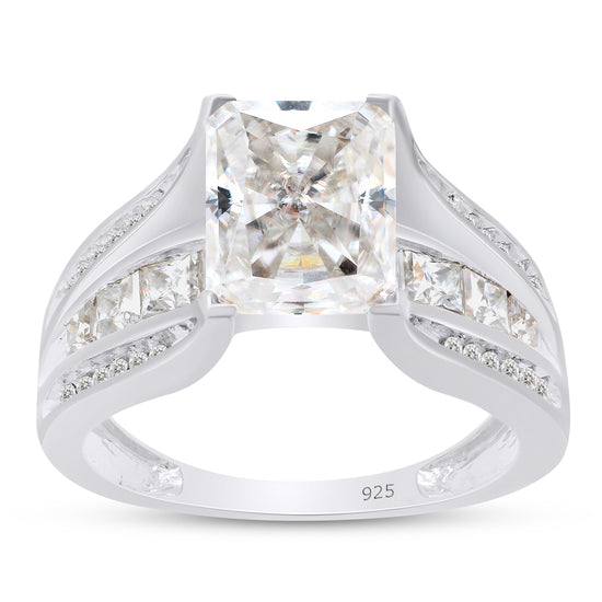 Load image into Gallery viewer, 3.25 Carat Octagon Cut Center, Princess &amp;amp; Round Lab Created Moissanite Diamond Bridge Style Engagement Ring In 925 Sterling Silver
