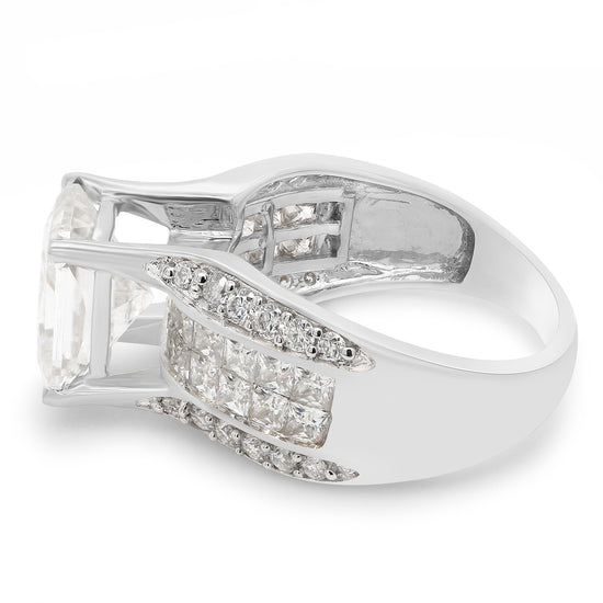 5.25 Carat Octagon Cut Center, Princess & Round Lab Created Moissanite Diamond Bridge Style Engagement Ring In 925 Sterling Silver