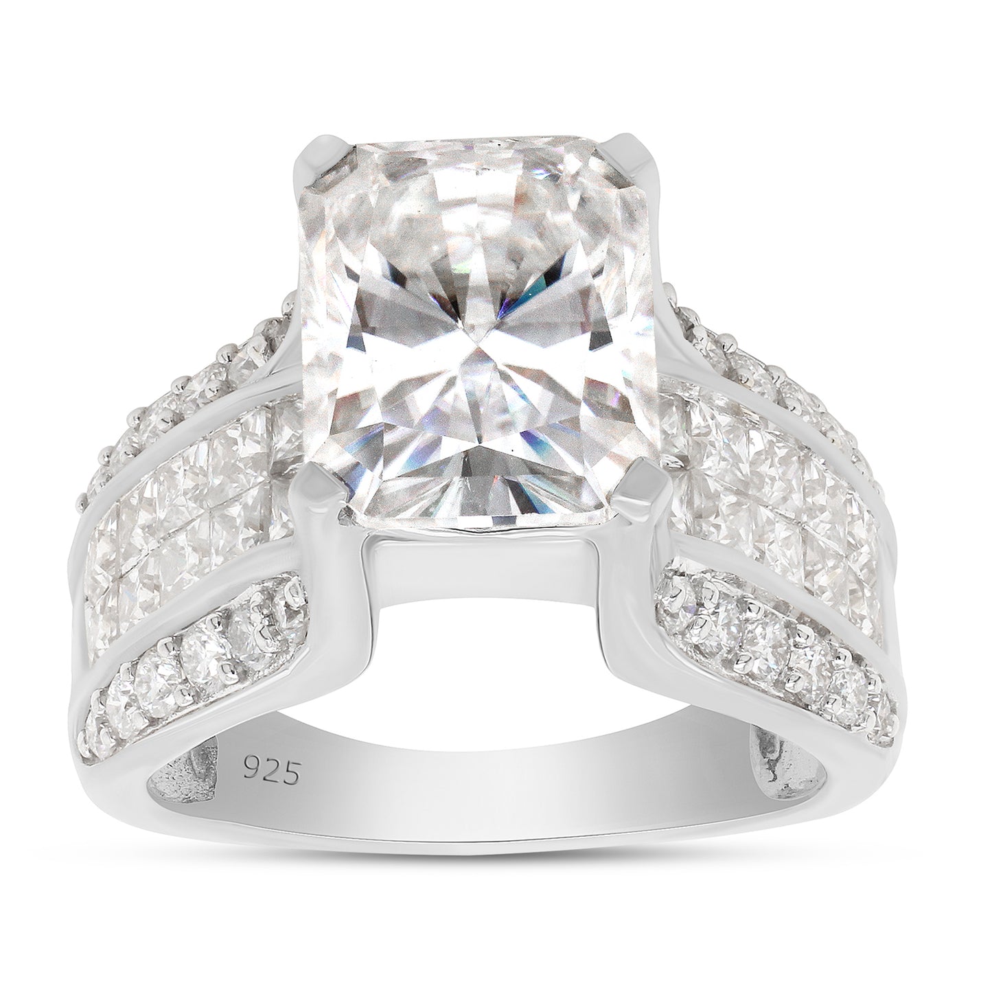 5.25 Carat Octagon Cut Center, Princess & Round Lab Created Moissanite Diamond Bridge Style Engagement Ring In 925 Sterling Silver