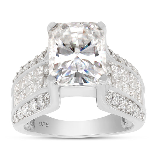 5.25 Carat Octagon Cut Center, Princess & Round Lab Created Moissanite Diamond Bridge Style Engagement Ring In 925 Sterling Silver