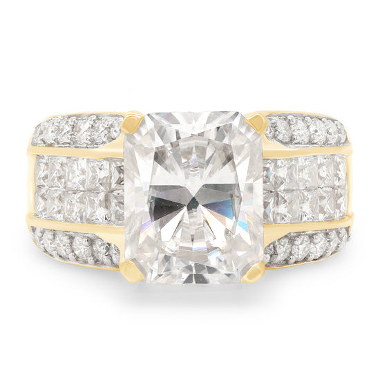 5.25 Carat Octagon Cut Center, Princess & Round Lab Created Moissanite Diamond Bridge Style Engagement Ring In 925 Sterling Silver