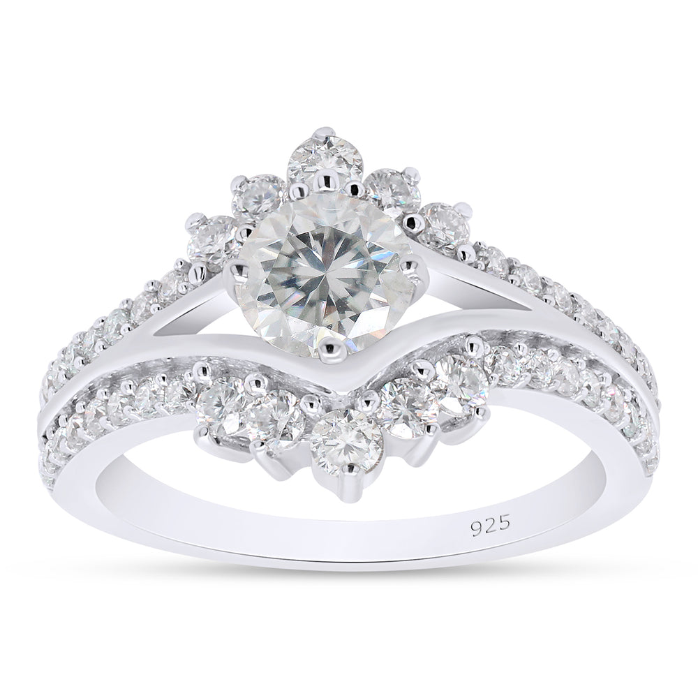 
                      
                        1.40 Carat 6MM Center, Round Cut Lab Created Moissanite Diamond Split Shank Engagement Ring In 925 Sterling Silver
                      
                    