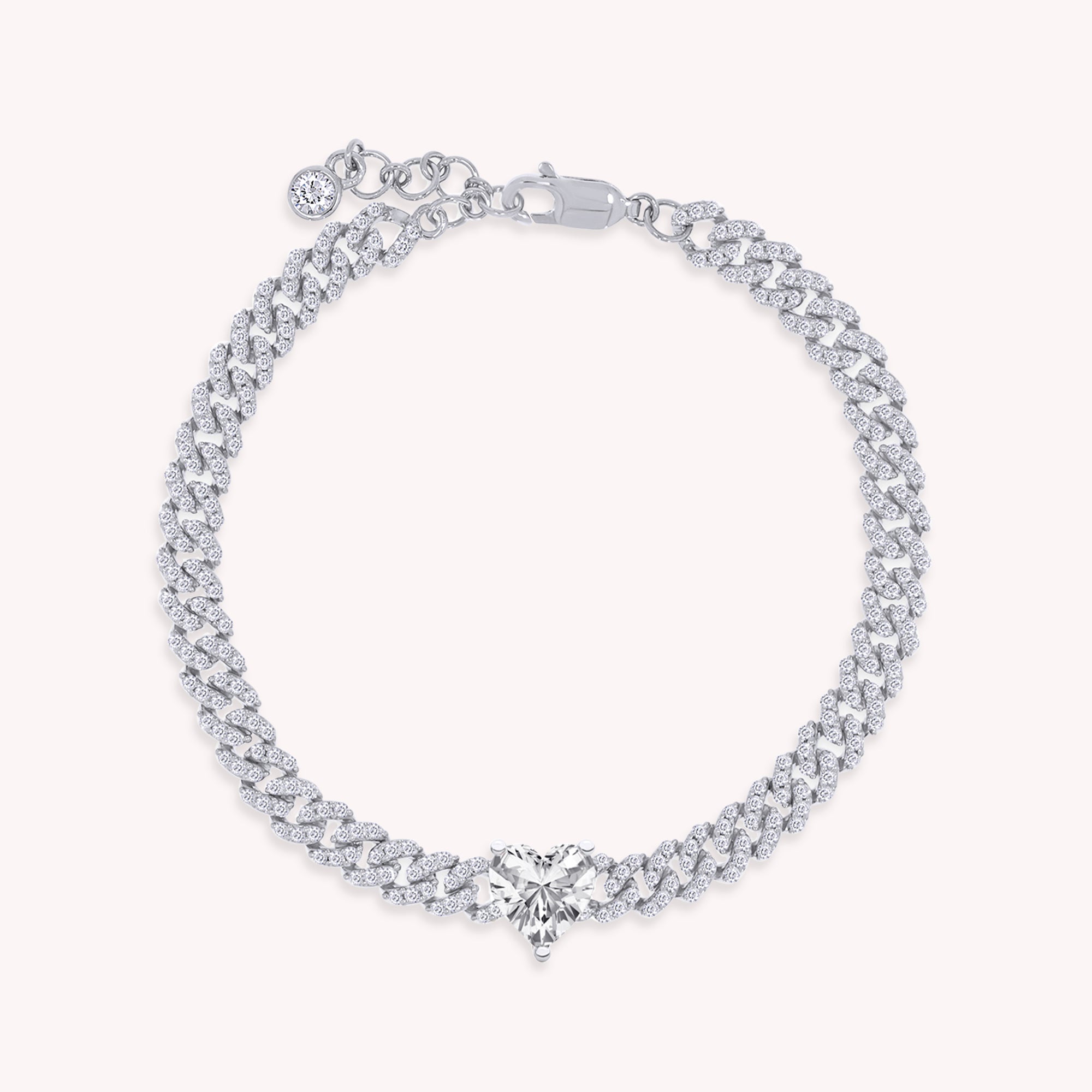 Single Row Cuban Chain Bracelet Heart & Round Shape White Cubic Zirconia