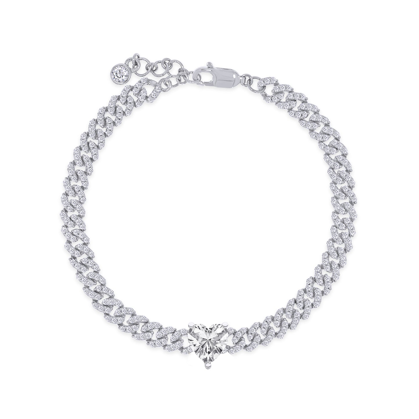 Heart & Round Cut Sparkling White Cubic Zirconia Adjustable Single Row Cuban Chain Bracelet In 925 Sterling Silver