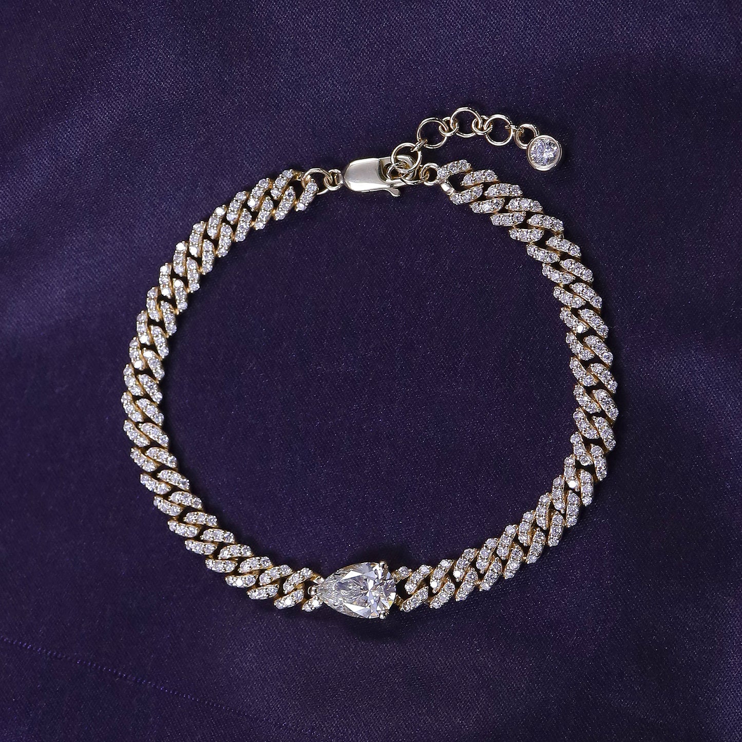 Pear & Round Cut EGL Certified Lab Grown Diamond Adjustable Single Row Cuban Chain Bracelet In 925 Sterling Silver Or 10K Or 14K Solid Gold