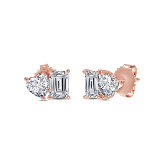 Emerald And Heart Shape EGL Certified Lab Grown Diamond Toi Et Moi Stud Earring In 10K Or 14K Solid Gold