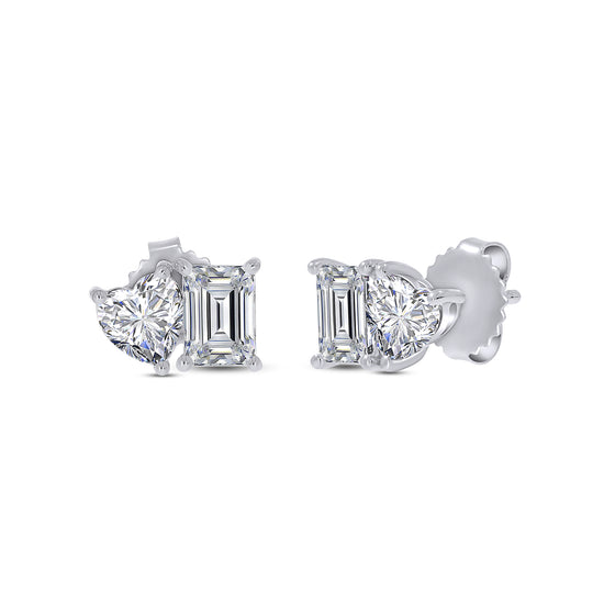 Emerald And Heart Shape EGL Certified Lab Grown Diamond Toi Et Moi Stud Earring In 10K Or 14K Solid Gold
