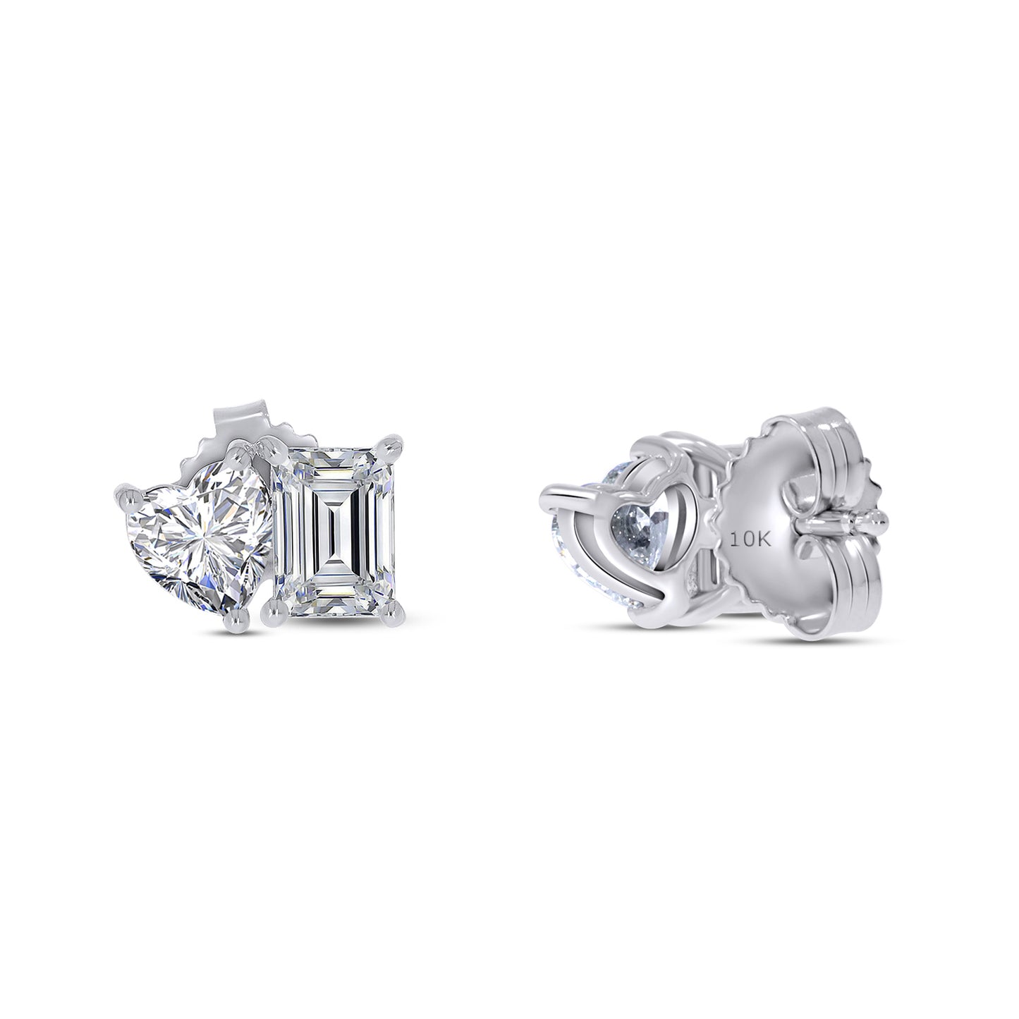 Emerald And Heart Shape EGL Certified Lab Grown Diamond Toi Et Moi Stud Earring In 10K Or 14K Solid Gold