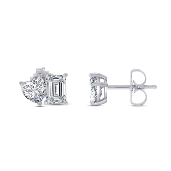 Emerald And Heart Shape EGL Certified Lab Grown Diamond Toi Et Moi Stud Earring In 10K Or 14K Solid Gold