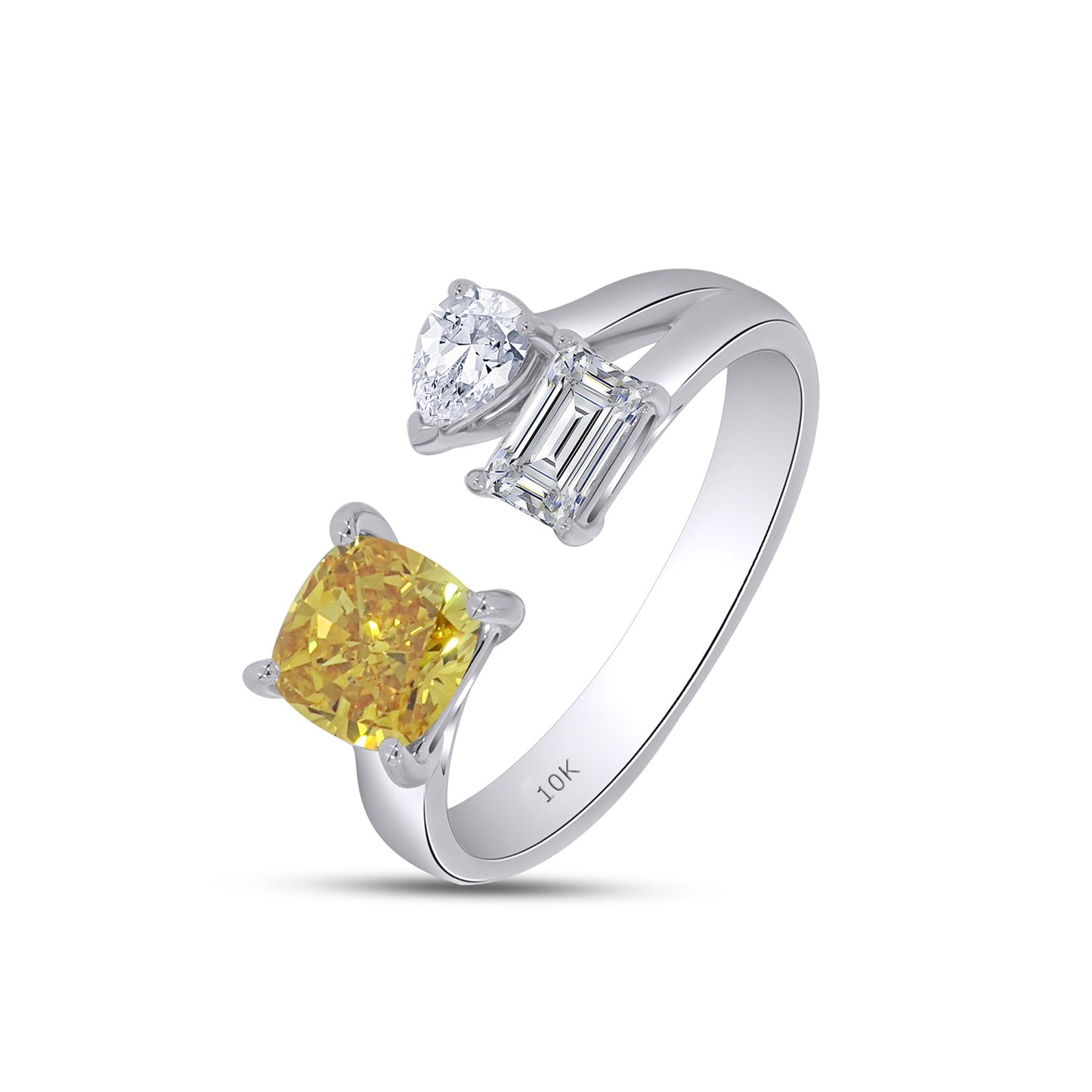 Yellow And White EGL Certified Lab Grown Diamond Adjustable Toi Et Moi 3-Stone Ring For Women In 10K Or 14K Solid Gold